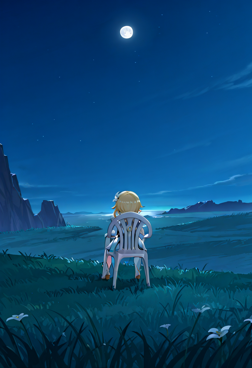(masterpiece, high quality, amazing detail), highres, 1girl, lumine \(genshin impact)\, solo, monobloc chair, sitting, from behind, field, grass, night, moon, on cliff, <lora:monobloc_chair:1>