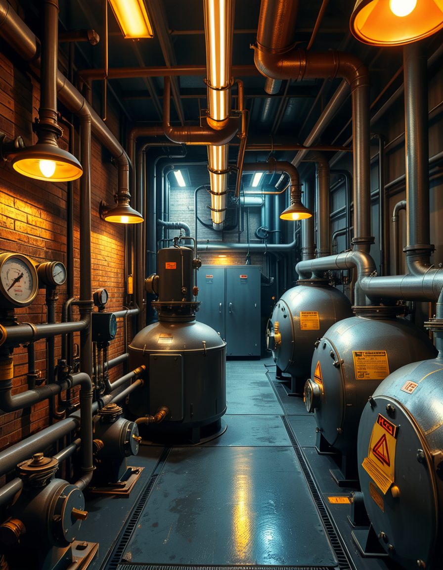 A highly detailed and realistic photograph of an industrial boiler room filled with large metal boilers, complex pipe systems, and pressure gauges. The room is dimly lit with a mix of warm yellow lighting from overhead industrial lamps and cool blue reflections from metallic surfaces. The air is slightly hazy with steam escaping from some of the pipes. The floor is made of reinforced concrete with visible stains from oil and water. Various control panels with blinking LED indicators and warning signs are mounted on the walls. The atmosphere is rugged and mechanical, evoking a sense of power and industrial efficiency. The depth of field is sharp, capturing intricate details such as rust on old pipes, the texture of the metal surfaces, and the labels on the control panels. The composition emphasizes symmetry, with pipes and machinery creating a structured, almost futuristic aesthetic. 
<lora:SDXLFaeTastic2400:0.4> <lora:extremely_detailed:0.4> extremely detailed,<lora:industrial_boiler_room:1>,industrial b01l3r r00m, Masterpiece,best quality,hi res,8k,hi res,8k,award winning,(sharp focus, intricate, highly detailed),