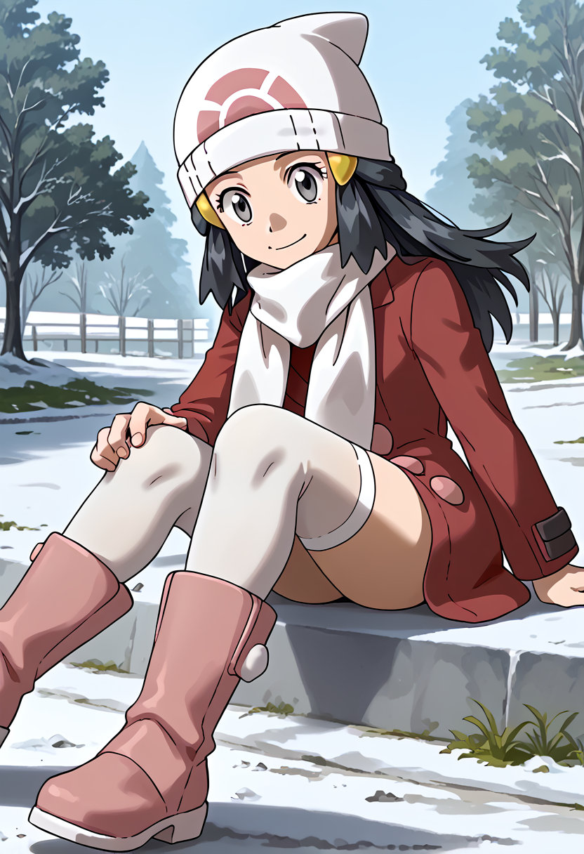 Sitting with one hand running through the hair,  smile,  outdoors, 1girl, <lora:DawnPony:1> Dawn_Platino, long hair, black hair, grey eyes,  hair ornament, beanie, white headwear, white scarf, red coat, long sleeves, white thighhighs, boots, pink footwear,