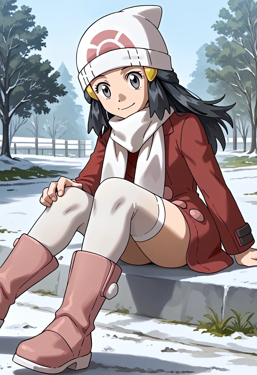 Sitting with one hand running through the hair, smile, outdoors, 1girl, <lora:DawnPony:1> Dawn_Platino, long hair, black hair, grey eyes, hair ornament, beanie, white headwear, white scarf, red coat, long sleeves, white thighhighs, boots, pink footwear,