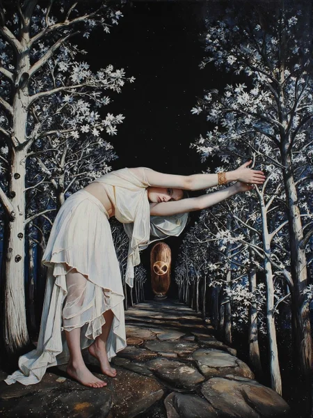 <lora:40s_Vintage_Nudity:0.8> Colour artwork. low-angle view. Expressionism photograph with earth theme. Light-toned photograph of a saintly, old, goth, clothed, bejewelled, fearful, Anglo-Saxon chorus girl. They are stretching in a night-time perfect island covered with trees, intricate white and magnolia and copper ebru details, minimalist. In the distance there is a copper infinity symbol. The overall style of the photo is vivid fine art with symbolic Surreal details. The photographer has added detail to the photograph with chemical sprays and scratch marks.