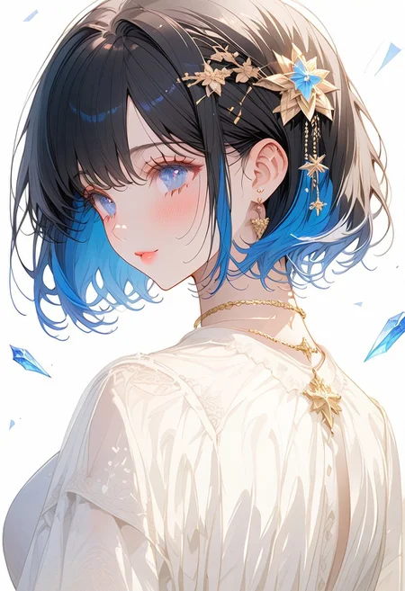 1girl, solo, ((Shion Tachibana, Perfect Face, Short hair, Black hair, Multicolored Blue hair, Expressive eyes, Blue crystal eyes)), expressive face, blushing, closed mouth, perfect body, perfect breast, tall, white skin, wedding dress, gold ornament, hair ornament, church, blue sky, cinematic lighting , cinematic angle, soft light , color detail, backlighting, Depth of field, long exposure, light steps, intricate colors, vibrant colors, negative_hand, easynegative, verybadimagenegative_v1.3,