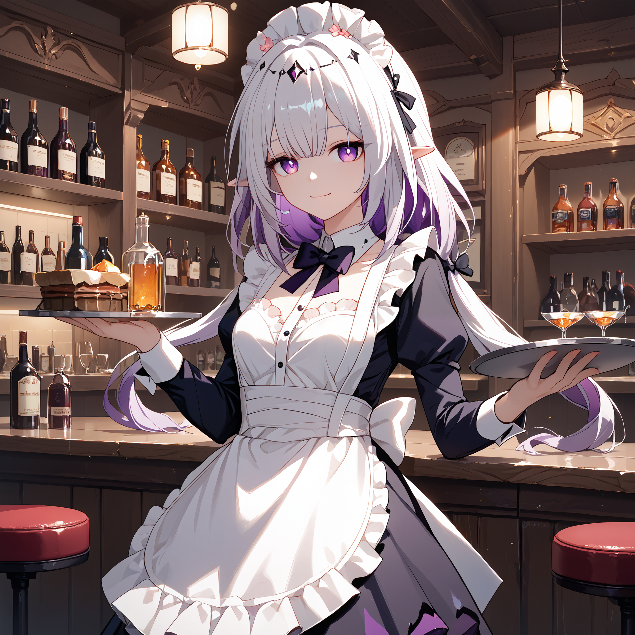 score_9, score_8_up, score_7_up, score_6_up, BREAK source_anime, look at viewer, 1girl, solo, masterpiece, best quality, high detailed skin,  castorice_(honkai:_star_rail), purple eyes, white hair, colored inner hair, low twintails, pointy ears,  maid, maid headdress, maid apron, pantyhose, holding tray, smiling, bar, indoors, black bowtie,