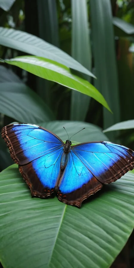 Blue Morpho butterfly, resting, tropical forest, daylight, natural sunlight, no artist, realistic, photography, highly detailed, vibrant colors, Sony camera, 4K, ultra-high-definition, crisp focus,<lora:HMSGå¾®è·è´è¶XL-000010:1>,