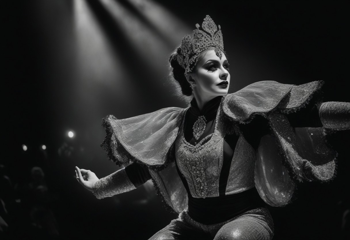 A professional black and white portrait image of a circus performer in action, depicting dynamism, emotion, and artistry. The image is ultra-high resolution and detailed, highlighting the performer’s face and movements.
The performer is dressed in an extravagant circus costume, adorned with sequins and embellishments. The face is depicted with extreme precision, showing concentration and emotion. His/her eyes radiate passion and dedication to the art.
The performer is captured in the midst of a dynamic movement, such as acrobatics or juggling. The pose is graceful and expressive, capturing the climax.
The lighting is dramatic, creating strong contrasts and emphasizing the texture of the skin and costume.
Costumes and decorations: Include details such as glittering sequins and embellishments on the performer’s costume, which add grace and extravagance.
Dynamics and Movement: Capture the artist's movements, showing the grace and strength needed to perform circus acts
HDR quality will highlight the details and texture of the scene.
Contrast and Texture: Black and white photography with HDR quality should emphasize the contrast between light and dark areas, creating a dramatic and emotional atmosphere.
Expression and Passion: The artist's face should radiate expression and passion, showing dedication to the art of the circus
The background and environment should create a sense of movement and energy, emphasizing the dynamics and artistry of the circus performances