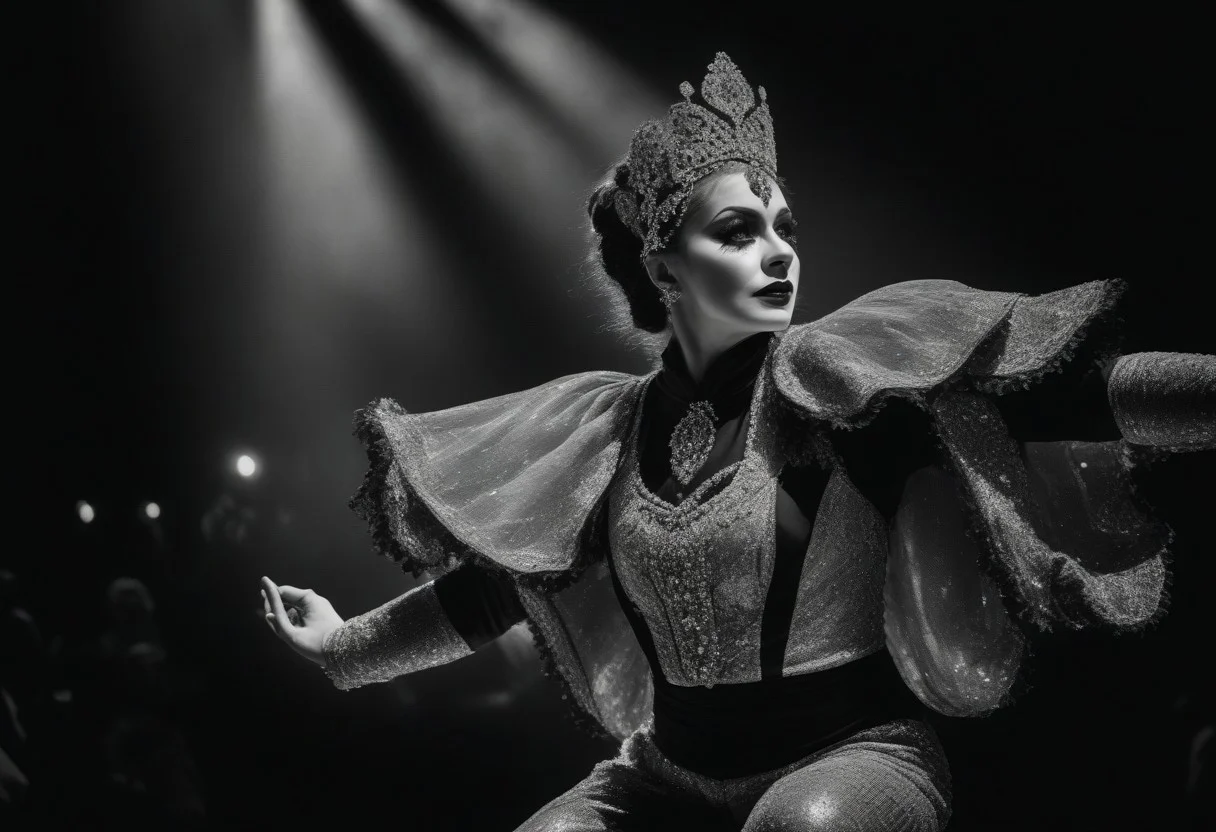 A professional black and white portrait image of a circus performer in action, depicting dynamism, emotion, and artistry. The image is ultra-high resolution and detailed, highlighting the performer’s face and movements.
The performer is dressed in an extravagant circus costume, adorned with sequins and embellishments. The face is depicted with extreme precision, showing concentration and emotion. His/her eyes radiate passion and dedication to the art.
The performer is captured in the midst of a dynamic movement, such as acrobatics or juggling. The pose is graceful and expressive, capturing the climax.
The lighting is dramatic, creating strong contrasts and emphasizing the texture of the skin and costume.
Costumes and decorations: Include details such as glittering sequins and embellishments on the performer’s costume, which add grace and extravagance.
Dynamics and Movement: Capture the artist's movements, showing the grace and strength needed to perform circus acts
HDR quality will highlight the details and texture of the scene.
Contrast and Texture: Black and white photography with HDR quality should emphasize the contrast between light and dark areas, creating a dramatic and emotional atmosphere.
Expression and Passion: The artist's face should radiate expression and passion, showing dedication to the art of the circus
The background and environment should create a sense of movement and energy, emphasizing the dynamics and artistry of the circus performances