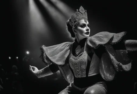 A professional black and white portrait image of a circus performer in action, depicting dynamism, emotion, and artistry. The image is ultra-high resolution and detailed, highlighting the performer’s face and movements.
The performer is dressed in an extravagant circus costume, adorned with sequins and embellishments. The face is depicted with extreme precision, showing concentration and emotion. His/her eyes radiate passion and dedication to the art.
The performer is captured in the midst of a dynamic movement, such as acrobatics or juggling. The pose is graceful and expressive, capturing the climax.
The lighting is dramatic, creating strong contrasts and emphasizing the texture of the skin and costume.
Costumes and decorations: Include details such as glittering sequins and embellishments on the performer’s costume, which add grace and extravagance.
Dynamics and Movement: Capture the artist's movements, showing the grace and strength needed to perform circus acts
HDR quality will highlight the details and texture of the scene.
Contrast and Texture: Black and white photography with HDR quality should emphasize the contrast between light and dark areas, creating a dramatic and emotional atmosphere.
Expression and Passion: The artist's face should radiate expression and passion, showing dedication to the art of the circus
The background and environment should create a sense of movement and energy, emphasizing the dynamics and artistry of the circus performances