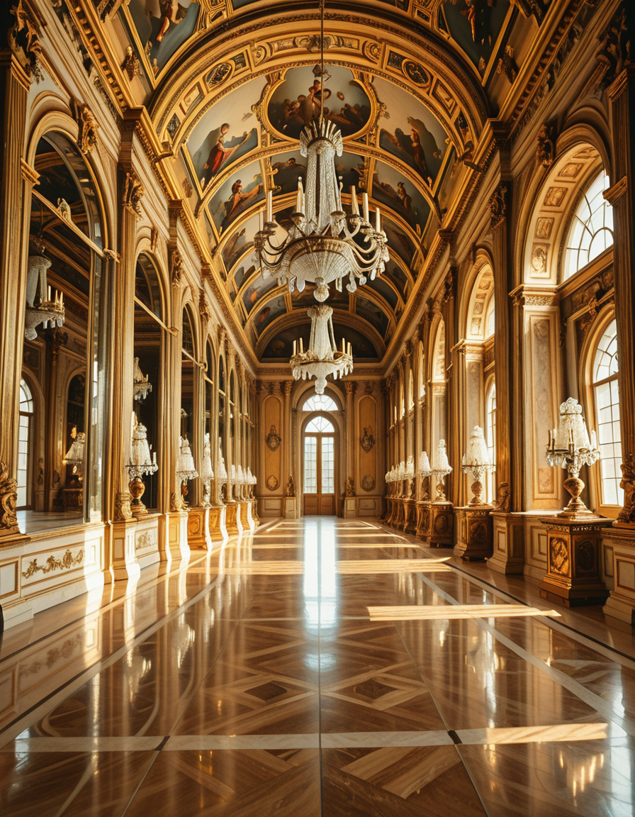 A breathtaking, photorealistic depiction of the Hall of Mirrors (Galerie des Glaces) at the Palace of Versailles in France, captured in golden afternoon light. The hall is grand and opulent, with a high arched ceiling painted with intricate Baroque frescoes. The walls are lined with tall arched mirrors on one side and large arched windows on the opposite side, flooding the space with natural light. Elegant crystal chandeliers hang from the ceiling, reflecting in the mirrors and sparkling with golden highlights. The marble floors are polished and gleaming, with rich, warm tones. Gilded statues and decorative elements frame the mirrors and doorways. The image style is ultra-detailed and photorealistic, with sharp textures and soft, warm lighting creating a majestic, timeless atmosphere. No people present, only the serene magnificence of the empty hall. Camera angle at eye level, centered down the hall, capturing the full length and symmetry of the space.
<lora:SDXLFaeTastic2400:0.4> <lora:extremely_detailed:0.4> extremely detailed,Hall of M1rr0rs, <lora:Hall_of_M1rr0rs-i:1>, Masterpiece,best quality,hi res,8k,hi res,8k,award winning,(sharp focus, intricate, highly detailed),