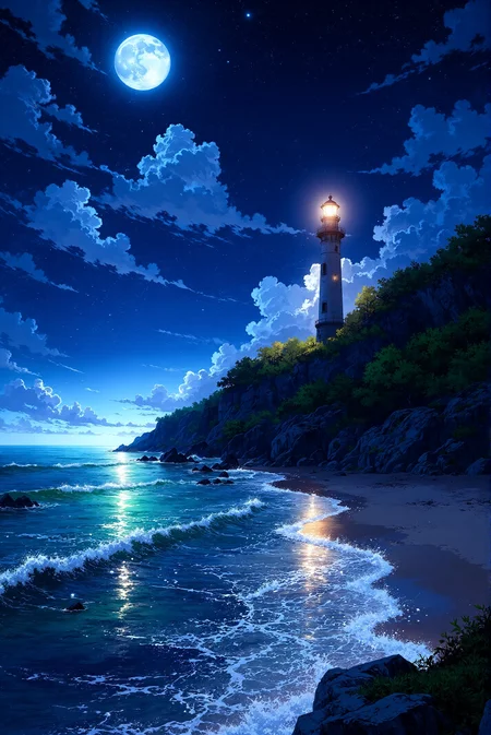 <lora:Vibrantly_sharp_style_v.2:0.8> VibrantlySharp style. 
A breathtaking anime-style illustration of a coastal lighthouse standing atop a rugged, rocky cliff under a radiant full moon. The night sky is an expansive cosmic canvas, painted in deep midnight blues with soft gradients transitioning to lighter hues near the horizon. Countless stars of varying sizes and brightness scatter across the vast sky, with several faint shooting stars streaking in delicate, wispy trails. The full moon, oversized and luminous, dominates the upper portion of the composition, its glow a stunning cyan-blue, with intricate crater details and a radiant halo effect that subtly diffuses into the surrounding darkness.  The clouds are depicted in an exquisite, layered composition, embodying Makoto Shinkaiâs signature celestial aesthetic. Voluminous and billowing, they possess a painterly, semi-realistic softness, with edges that blend seamlessly into the night sky. The clouds vary in density, some appearing as wisps stretching across the heavens while others form dense, towering formations. Illuminated by the moon, they feature a striking contrast between cool, shadowy blues and bright, almost glowing white highlights along their upper edges. The light from the moon diffuses into the upper portions of the clouds, creating a soft, atmospheric backlit effect, while the lower sections retain deeper, saturated indigo and navy tones, enhancing depth and realism. Delicate transparency is applied to the thinner cloud layers, allowing stars to peek through, reinforcing the immersive depth of the night sky.  The water is rendered with breathtaking attention to color, texture, and movement, employing a masterful use of gradients and reflections to achieve a luminous, dreamlike effect. The ocean surface consists of a mesmerizing blend of deep navy, teal, and vibrant turquoise, with the most intense cyan hues appearing where the moonâs light reflects upon the gently undulating waves. The reflection of the moon stretches vertically across the water, subtly distorted by the rippling surface, with scattered highlights shimmering like liquid silver. The shoreline is framed by foamy waves that lap against dark, jagged rocks and a soft, sandy beach. These waves are depicted with semi-transparent, frothy white textures, their edges curling naturally, dissipating into delicate foam patterns. The shallower sections of the water near the beach showcase a gradual color transition from translucent aquamarine to a darker, deeper blue, emphasizing depth and clarity.  The rocky coastline is detailed with sharp, angular formations, rendered in deep charcoal and muted blues, with subtle highlights catching the moonâs glow. Patches of lush green vegetation cling to the cliffside, adding a natural softness that contrasts with the rugged rocks. The lighthouse, standing tall and solitary, emanates a warm, golden light from its beacon, cutting through the cool, moonlit tones. This warm glow reflects faintly on the surrounding rocks and water, creating a beautiful contrast between warmth and coolness.  The overall composition is vertically oriented, drawing the eye upward from the glowing water, past the lighthouse, and into the celestial expanse above. The lighting is a harmonious interplay of warm and cool tones, with an emphasis on atmospheric perspective, where distant elements fade subtly into softer blues, enhancing depth. The fusion of semi-realistic rendering, anime-style lighting effects, and meticulously detailed clouds and water results in an artwork that perfectly captures the serene yet grand beauty of a moonlit coastal night.