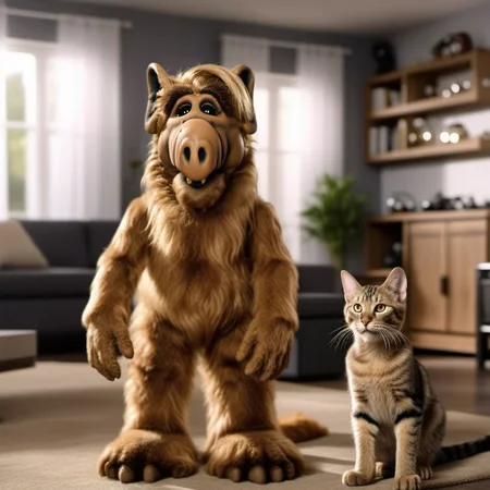 Alf1024, humanoid alien, full body, with cats, in a livingroom, detailed eyes, highly detailed, photography, ultra sharp, film, bokeh, professional, 4k <lora:add-detail-xl:1.5> <lora:Alf1024:0.8>
