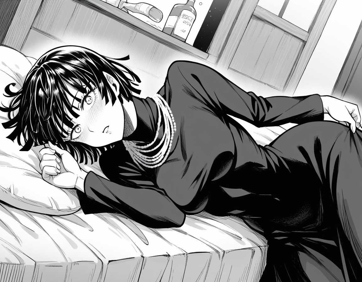score_9, score_8_up, score_7_up, source_anime,
fubuki, <lora:opm-fubuki-manga-ponyxl-lora-nochekaiser:1>,
fubuki, fubuki \(one-punch man\), black hair, medium hair, monochrome, greyscale,
black dress, dress, high collar, jewelry, necklace, taut clothes, taut dress,
indoors, bed, bed room, on side, blush, drunk,
looking at viewer, cowboy shot, solo, dutch angle,