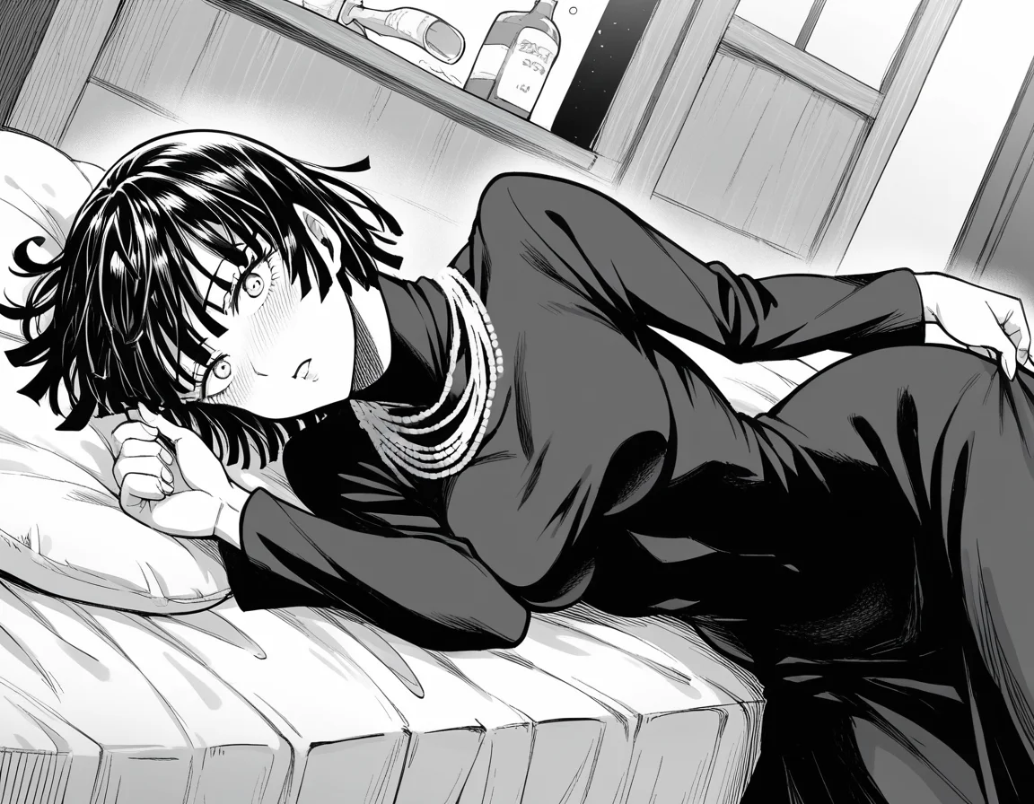 score_9, score_8_up, score_7_up, source_anime,
fubuki, <lora:opm-fubuki-manga-ponyxl-lora-nochekaiser:1>,
fubuki, fubuki \(one-punch man\), black hair, medium hair, monochrome, greyscale,
black dress, dress, high collar, jewelry, necklace, taut clothes, taut dress,
indoors, bed, bed room, on side, blush, drunk,
looking at viewer, cowboy shot, solo, dutch angle,