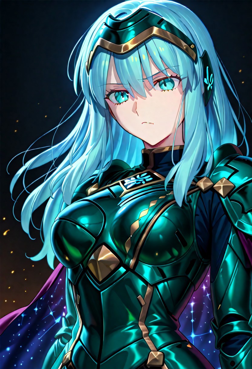 score_9, score_8_up, score_7_up, ((solo)), calm, pout, closed mouth, 1girl, solo, (medium breasts, thin waist, wide hips), peaceful, closed mouth, adult, (((eirika face))), (((cyan hair, cyan eyes))), ((long hair, hair between eyes)), (((indigo cape, metal headband, green metal_uniform, metal breast_armor))), no background, dark background, cowboy shot, dark background, portrait, Expressiveh,