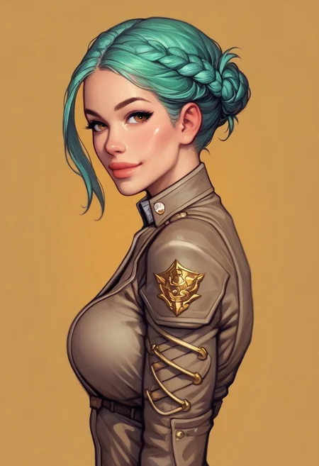 ((((side view))))
beautiful color, aesthetic, 2d,
(zeon pilot:1.3), ((khaki suit)),
solo, standing, (battleground, explosions:1.5)
1girl, cute face, modest smile
((turquoise hair, folded in french braid, long side bang hairstyles)),
big natural breasts,
focused, looking at viewer,
(((full-clothed))), dynamic pose
BREAK
score_9, score_8_up, score_7_up, score_6_up, source_cartoon, rating_explicit, Expressiveh, (((((upper body))))), dynamic pose