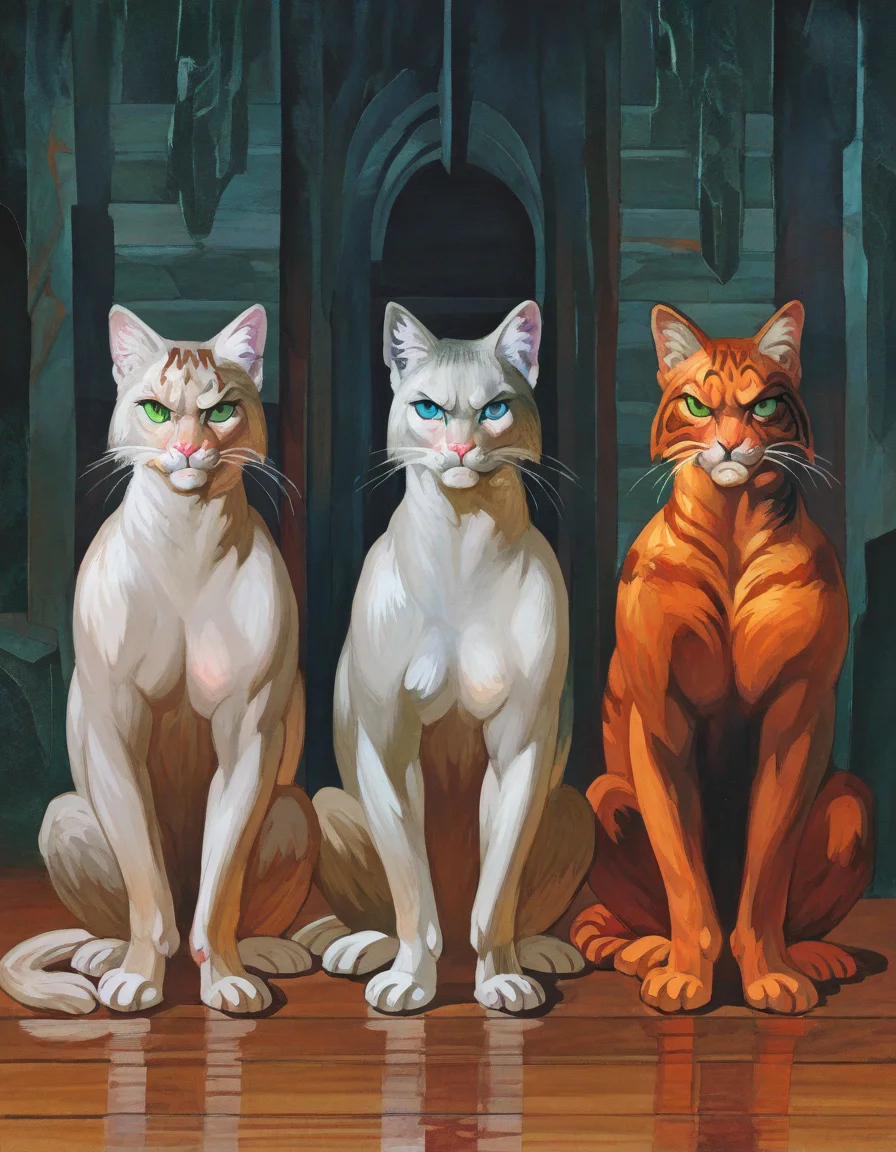 nazaruk, masterpiece, best quality, absurdres, highres, 3others, no-humans, black-cat, white-cat, orange-cat, looking-at-viewer, angry