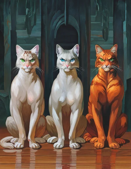 nazaruk, masterpiece, best quality, absurdres, highres, 3others, no-humans, black-cat, white-cat, orange-cat, looking-at-viewer, angry