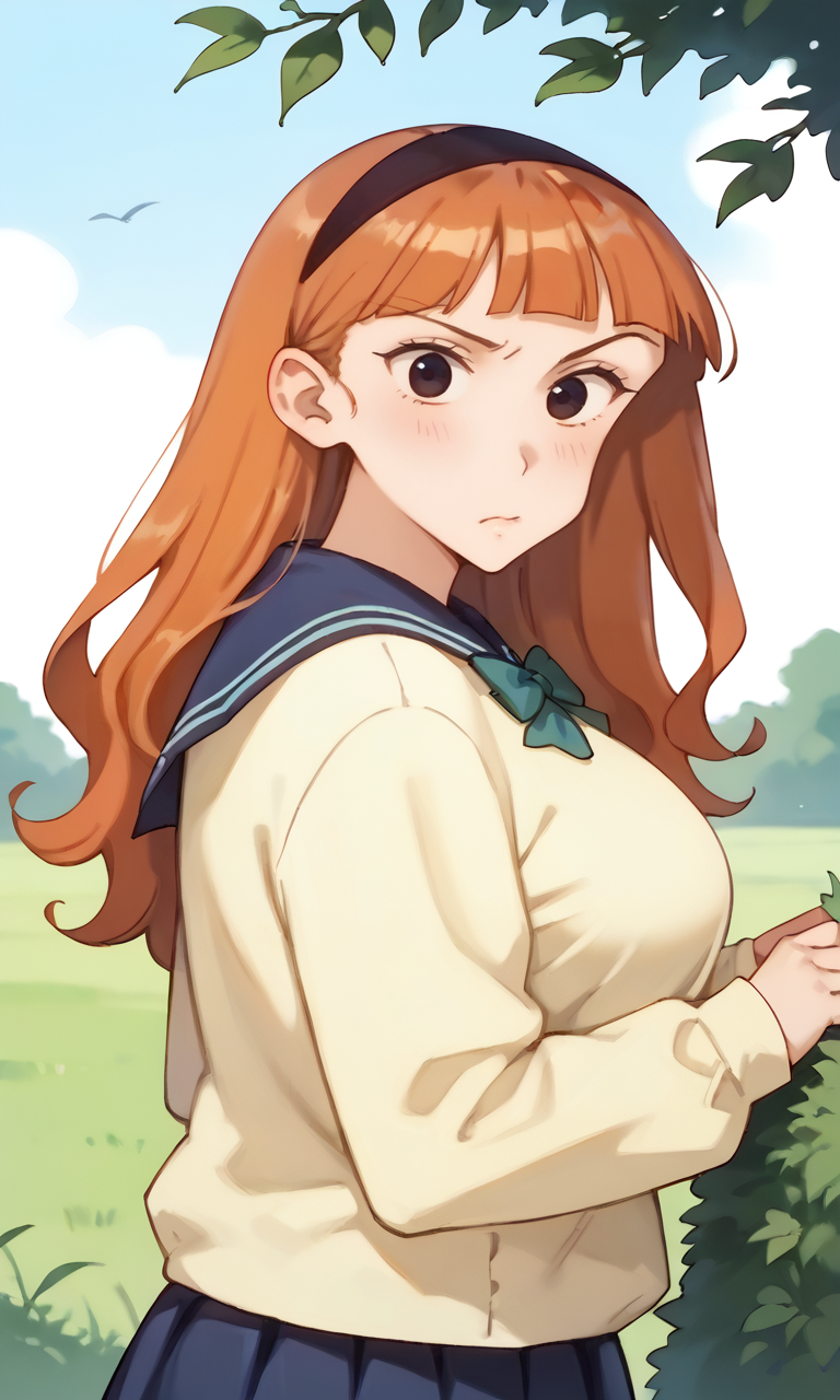 (1girl:1.5), (solo:1.3), (score_9, score_8_up, score_7_up, score_6_up, score_5_up, score_4_up), (source_anime), rating_questionable, (upper body:1.3), blue sky,  outdoors, (bush, peeking out, hiding in the grass and observing:1.5), 
(yellow sweater, oversized clothes, long sleeves, blue sailor collar, green bowtie, blue skirt, pleated skirt, miniskirt, white socks, black footwear), (large breasts), <lora:mari-classmate-orange_v1:0.9> (mari-classmate-orange), (black eyes, eyelashes, orange hair, long hair, curly ends hair, voluminous hair, blunt bangs, no sidelocks, black simple hairband, frown, angry),
 (looking back:1.3)