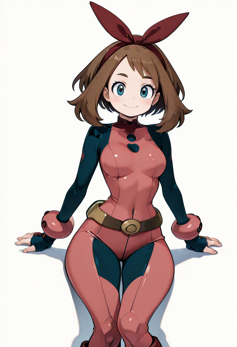 masterpiece, best quality, 1girl, eyelashes, (beautiful eyes), looking at viewer, smile, narrow waist, wide hips,  sitting,  zzMayOchako, blue eyes, brown hair, medium hair, red hairband, knee boots, belt, bodysuit,   (foreshortening),  ,<lora:MayOchakoPokemon_IXL:1.0>, , smile, looking at viewer, cowboy shot,  <lora:HaradaTakehitoIXL_v3:0.8>, <lora:ZankuroIXLLight_v2:0.3>,