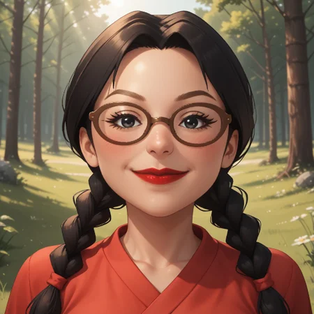 score_9, score_8, BREAK, solo, wii, mii, wii sports, 1girl, female mii, black hair, twin braids, black eyes, brown eyebrows, brown glasses, mole under mouth, blush, red lips, lipstick, red clothing, black pants, shoes, breasts, nintendo mii, modern_mii, classic_mii, Kiriko_(OC_Mii), cute, sexy pose, self portrait, smile, looking at viewer, outdoors, sunlight, shadows, evening lighting, natural lighting, forest, trees, grass, orange sky, sunset