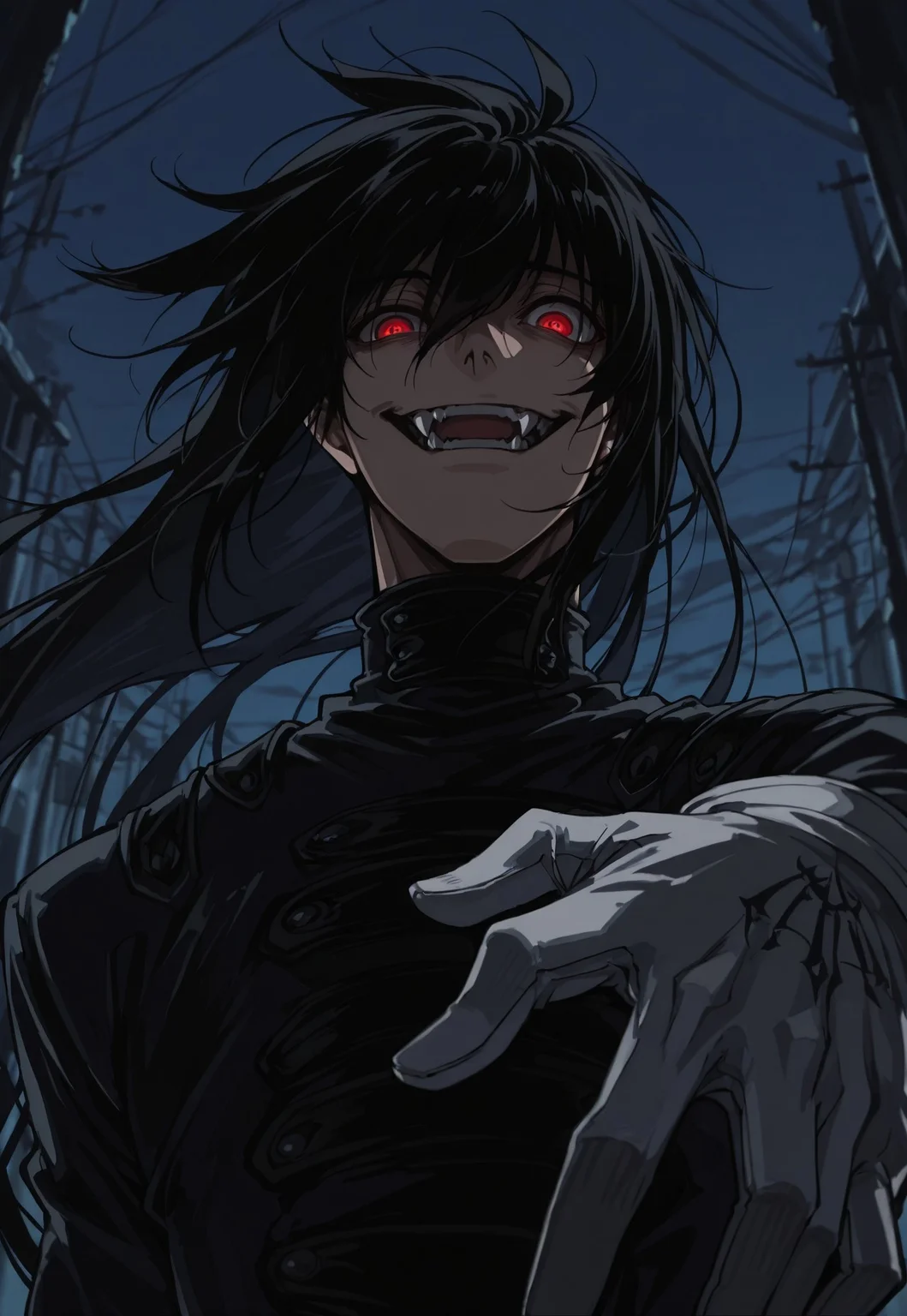 safe_pos, score_9, score_8_up, score_7_up, masterpiece, best quality, amazing quality, Normalucard, solo, 1boy, male focus, black hair, very long hair, white gloves, black bodysuit, evil laugh, fangs, crazy eyes, red eyes, looking at viewer, portrait, close-up, perspective, night, dark,
