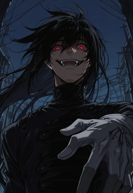safe_pos, score_9, score_8_up, score_7_up, masterpiece, best quality, amazing quality, Normalucard, solo, 1boy, male focus, black hair, very long hair, white gloves, black bodysuit, evil laugh, fangs, crazy eyes, red eyes, looking at viewer, portrait, close-up, perspective, night, dark,