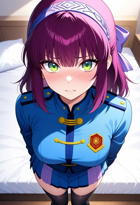 (very detailed background:1.0), (highly detailed background:1.0), (Masterpiece), High Quality, (1girl, solo),
 <lora:AngelBeasts_Yuri-05:0.35>, <lora:AngelBeatsStyle:0.3>,
Angelbeats_Yuri, purple hair, SSS_Uniform,  white and blue uniform, green eyes, hairband, medium hair, skirt, thighhighs, black thighhighs, zettai ryouiki, hair bow,
standing, embarrassed, blush, blush lines, looking at viewer,  medium breasts, 
bedroom, bed, bedsheets, pillow,