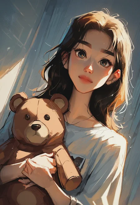 source_cartoon, score_9, score_8_up, score_7_up, 1girl, solo, perfect eyes , Pretending to hug a teddy bear, dutch angle, lower body, rating_safe, <lora:sdxl\pony diffusion\artist_styles\sam_does_arts_pony:0.9>