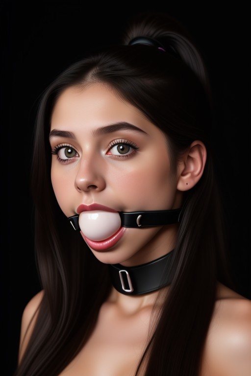 close up shot of a side portrait view of young woman with long hair in front of a black background, studio light, beautiful, pretty, detailed skin, skin pores, high contrast ((large wide black ball gag))