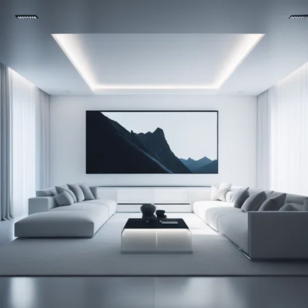 <lyco:Cinematic_Minimalist_interior_design:1.0> minimalistic interior design, Living room, home theater, huge projection screen, white decoration style, bright environment, side view, minimalist style, ultra-realistic, high-definition 4k