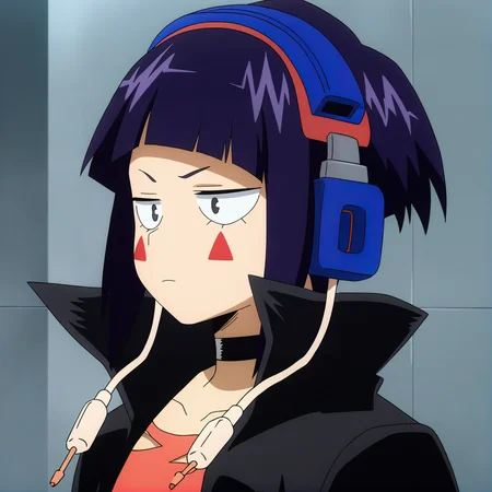 sharp focus, pixiv masterpiece, source_anime, best quality, high res, absurd res, anime_screencap, BREAK
<lora:Kyoka_Jiro_MHA_IL_v49:1> , kyokajiro, 1girl, solo, purple_hair, short_hair, black_eyes, blue_headphones, red_triangle_face_marks, earphone_plugs, earlobes, black_jacket, choker, cutout_shirt, bangs, portrait,