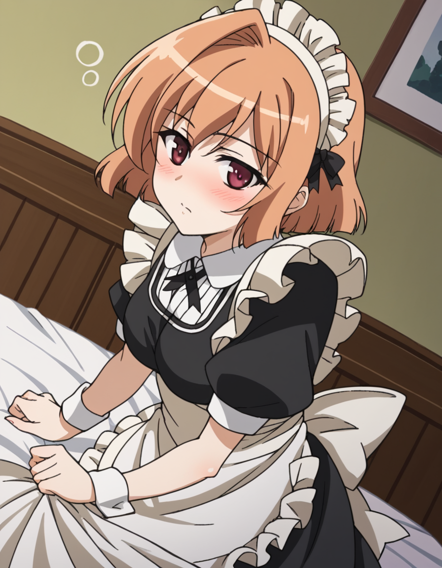 score_9, score_8_up, score_7_up, source_anime,
motokanogisaka, <lora:motoka-nogisaka-s1-ponyxl-lora-nochekaiser:1>,
motoka nogisaka, short hair, red eyes, orange hair,
dress, short sleeves, pantyhose, puffy sleeves, apron, black dress, wrist cuffs, maid, maid headdress, maid apron,
indoors, bed, bed room, on side, blush, drunk,
looking at viewer, cowboy shot, solo, dutch angle,