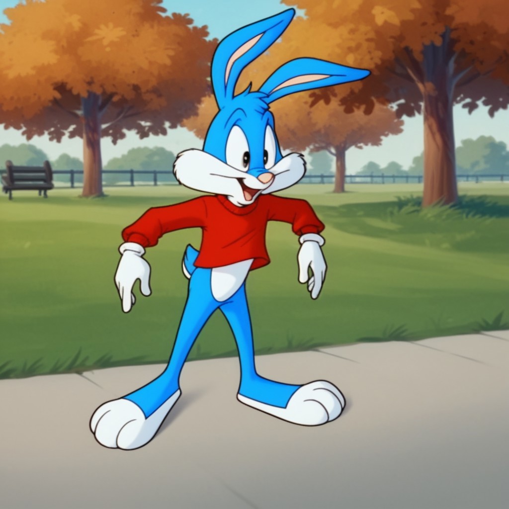 score_9, score_8_up, score_7_up, score_6_up, score_5_up, score_4_up, source_furry, bustertta, anthro, male, bunny, blue fur, red shirt, white gloves, in a park, full body