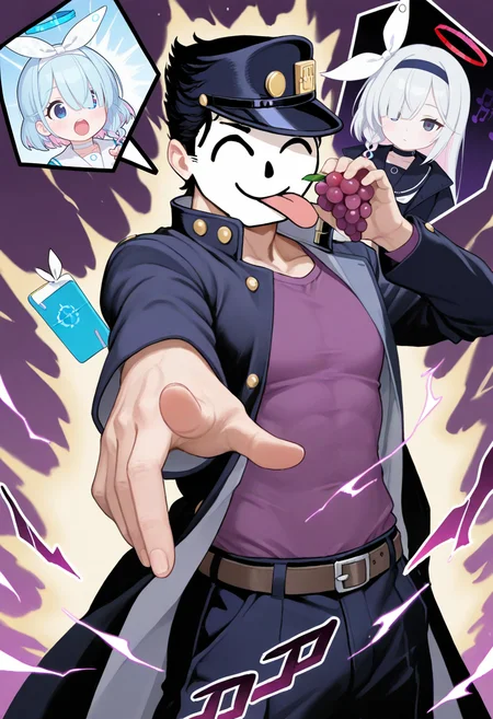 (masterpiece, best quality, high quality, good quality),1boy,2girls,purple background,powering up,energy,
BREAK arona \(blue archive\),holding fruit,grapes,
BREAK doodle sensei \(blue archive\),jojo pose,pointing at viewer,menacing \(jojo\),purple shirt,tongue,
BREAK plana \(blue archive\),holding fruit,grapes,<lora:Grape_products:0.4>,