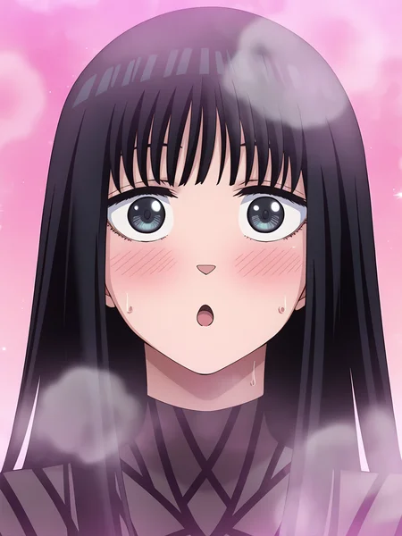 <lora:Osaragi:0.8>, osaragi, 1girl, solo, dark gray eyes, long black hair, bangs, long gothic black dress, high collar, cute face, surprised, wide eyes, open mouth, sweat, blushing, looking forward, portrait, steam, abstract pink background