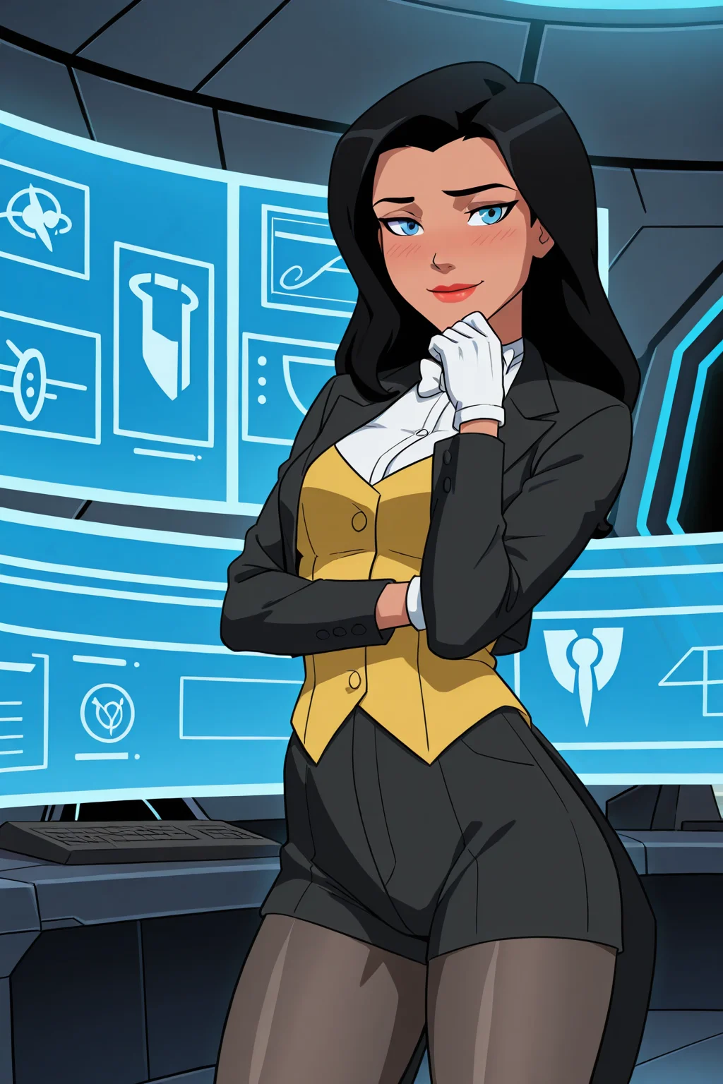 ((parody), perfect anatomy, perfect eyes, cowboy shot) BREAK <lora:ZatannaYJIL:1> zatanna zatara, black hair, long hair, blue eyes, lipstick, sultry eyes, sultry face, flirty smile, shy, ((looking at viewer)), white bowtie, formal, jacket, whie shirt, yellow vest, coattails, white gloves, shorts, pantyhose, model pose, showing off body, teasing viewer, science fiction lair, holographic displays, computers, cave, indoors