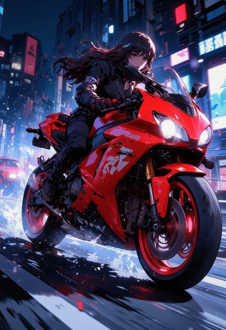 In the style of ff-td, Special Ink-drawing mode, Mh1$AgThS2, intricate linework with expressive contrasts, Stunning anime, illustration of Japanese goth woman, riding Akira-style futuristic superbike, long dragster-style red bike with sports fairing, racing at speed on cypberpunk superhighway, travelling very fast, neon lights, bokeh, extreme motion blur of the background, night
