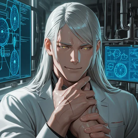masterpiece, best quality, amazing quality, absurdres, newest, detailed background, definition so sharp, Ultra-HD, 8K cinematic, very awa, impressionate, amazing quality, highres,
solo, male focus, manly, shadow, shiny skin, mature male, extream close-up, soft coloring,
mitsuhisahachiya, mitsuhisa_grey hair, mitsuhisa_yellow eyes, 1boy, long hair, scar across eyebrow, innovator, scientist, inventor, laboratory, blueprint, futuristic_technology, hopeful_expression, inspiring, visionary, smart_casual, clean_lines, bright_lighting, warm_smile, helping_hand