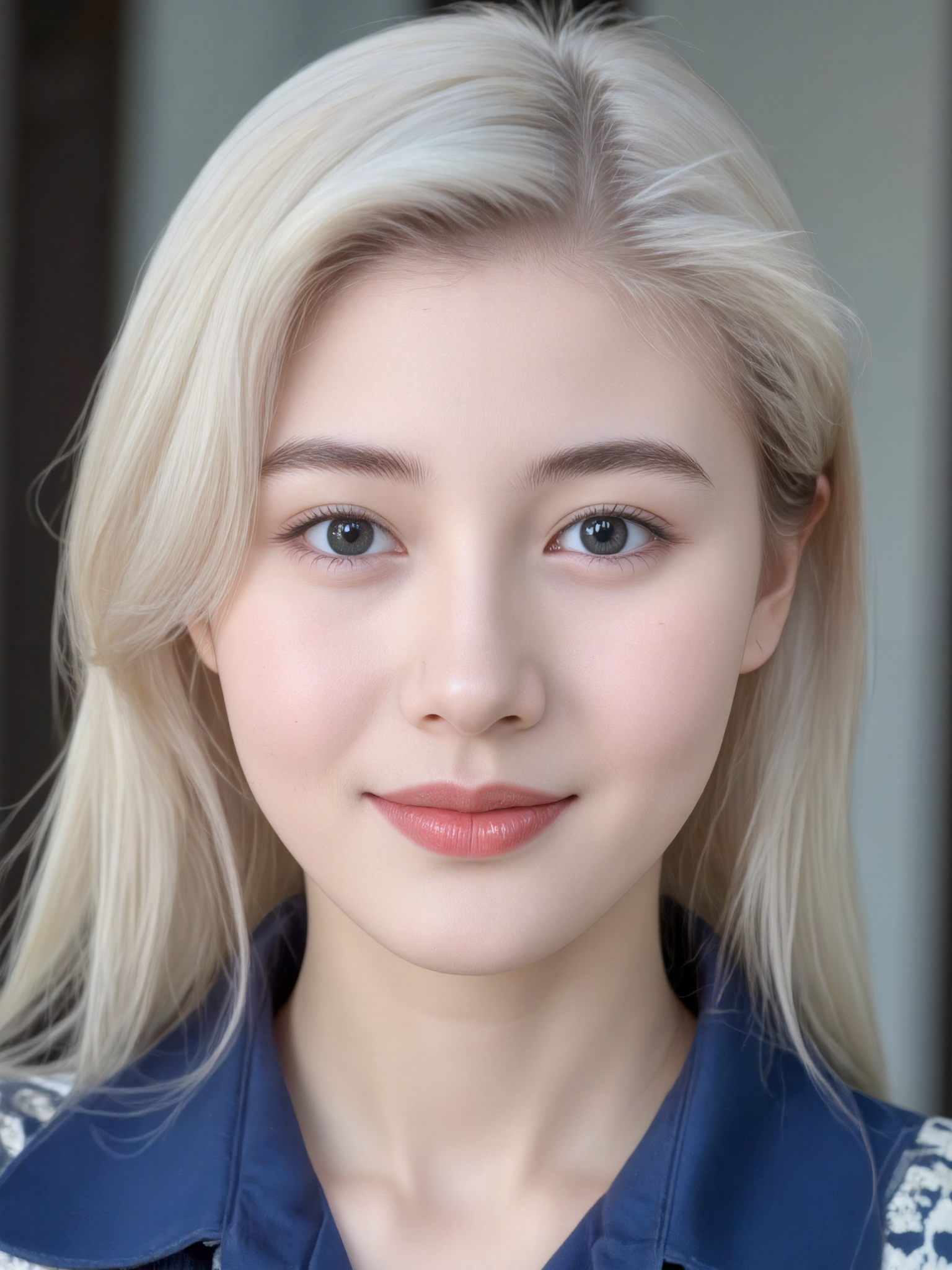 a woman, white hair, blue shirt, light smile, portrait, blurred background