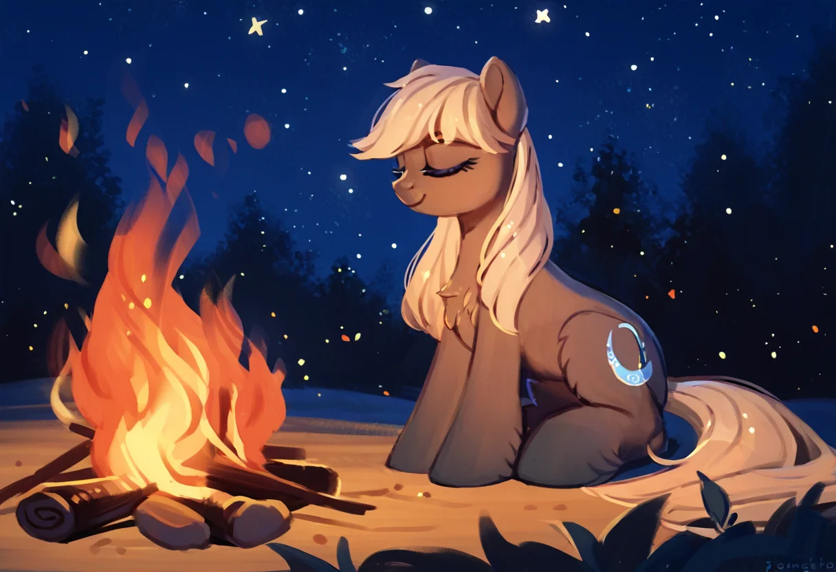 score_9, score_8_up, score_7_up, score_6_up, score_5_up, score_4_up, rating_safe, pony, solo, campfire, eyes closed, fire, night, oc, outdoors, sitting, stars, oc only, yakutian horse, detailed, beautiful, <lora:Snow_Ponies-000008:1>