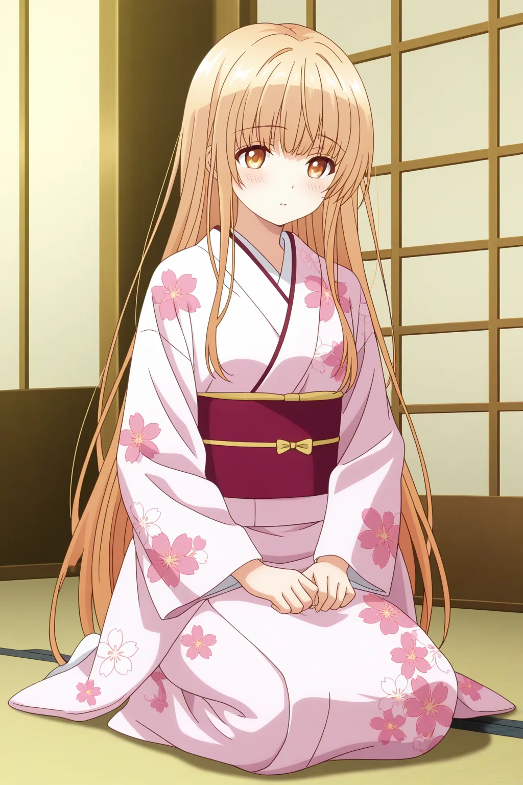 (kimono floral print:1.50),
an-mahiru, yellow eyes, blonde hair, sidelocks,
medium breasts, 1girl, solo, skinny,
(masterpiece, best quality, absurdres, high quality, highres, anime, anime style),
BREAK,
(lewd:1.30),
BREAK,
(indoors:0.70),
BREAK,
(full body:0.80),
BREAK,
(:1.40),
(long hair:1.20)
<lora:an-mahiru-V01-illXL-000003:0.70>