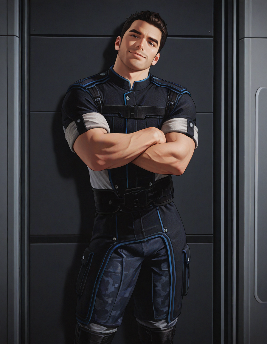 masterpiece, best quality, newest, perfect quality, best quality, detailed background, intricate details, male focus, solo, <lora:Mass Effect - Kaidan Alenko - Illustrious-000006:0.7>, mekalenko, 1boy, dark brown hair, short hair, thick stubble, brown eyes, looking at viewer, contrapposto, spacecraft interior, uniform shirt, sleeves rolled up, uniform belt, uniform pants, uniform boots, head tilt towards viewer, smirk, standing, crossed arms, against wall, hallway