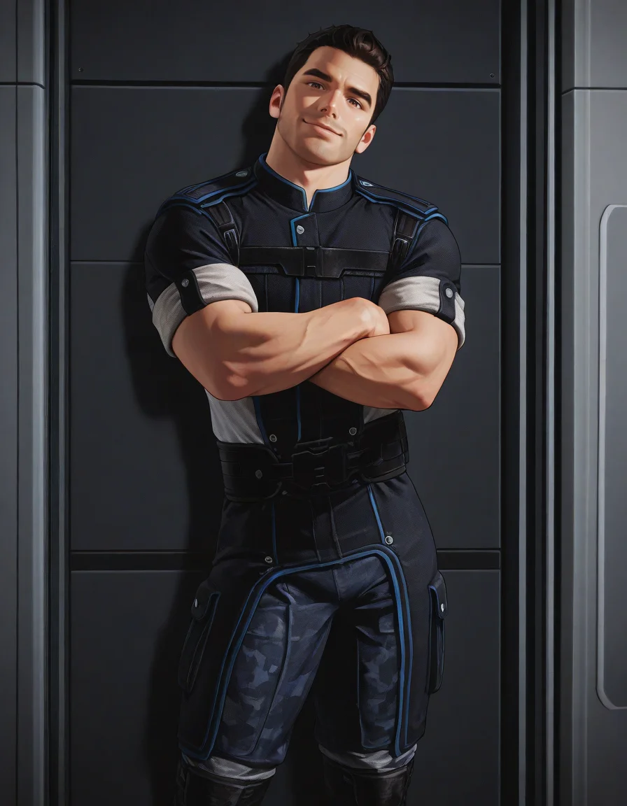 masterpiece, best quality, newest, perfect quality, best quality, detailed background, intricate details, male focus, solo, <lora:Mass Effect - Kaidan Alenko - Illustrious-000006:0.7>, mekalenko, 1boy, dark brown hair, short hair, thick stubble, brown eyes, looking at viewer, contrapposto, spacecraft interior, uniform shirt, sleeves rolled up, uniform belt, uniform pants, uniform boots, head tilt towards viewer, smirk, standing, crossed arms, against wall, hallway