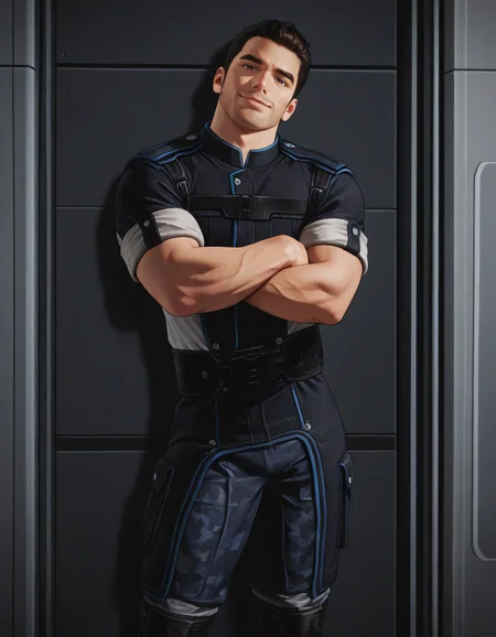 masterpiece, best quality, newest, perfect quality, best quality, detailed background, intricate details, male focus, solo, <lora:Mass Effect - Kaidan Alenko - Illustrious-000006:0.7>, mekalenko, 1boy, dark brown hair, short hair, thick stubble, brown eyes, looking at viewer, contrapposto, spacecraft interior, uniform shirt, sleeves rolled up, uniform belt, uniform pants, uniform boots, head tilt towards viewer, smirk, standing, crossed arms, against wall, hallway