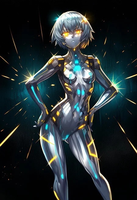 score_9, score_8_up, score_7_up, score_6_up, score_5_up, score_4_up, 2D, ibenz,
BREAK
1girl, liquid mercury, solo,
silver body, short hair, silver hair,
((yellow lines, yellow eyes, glowing eyes)), ((petite, small breasts, short height)),
confident pose, hands on hips,
(cyberspace) black background, blue energy lines, blue code, detailed background,