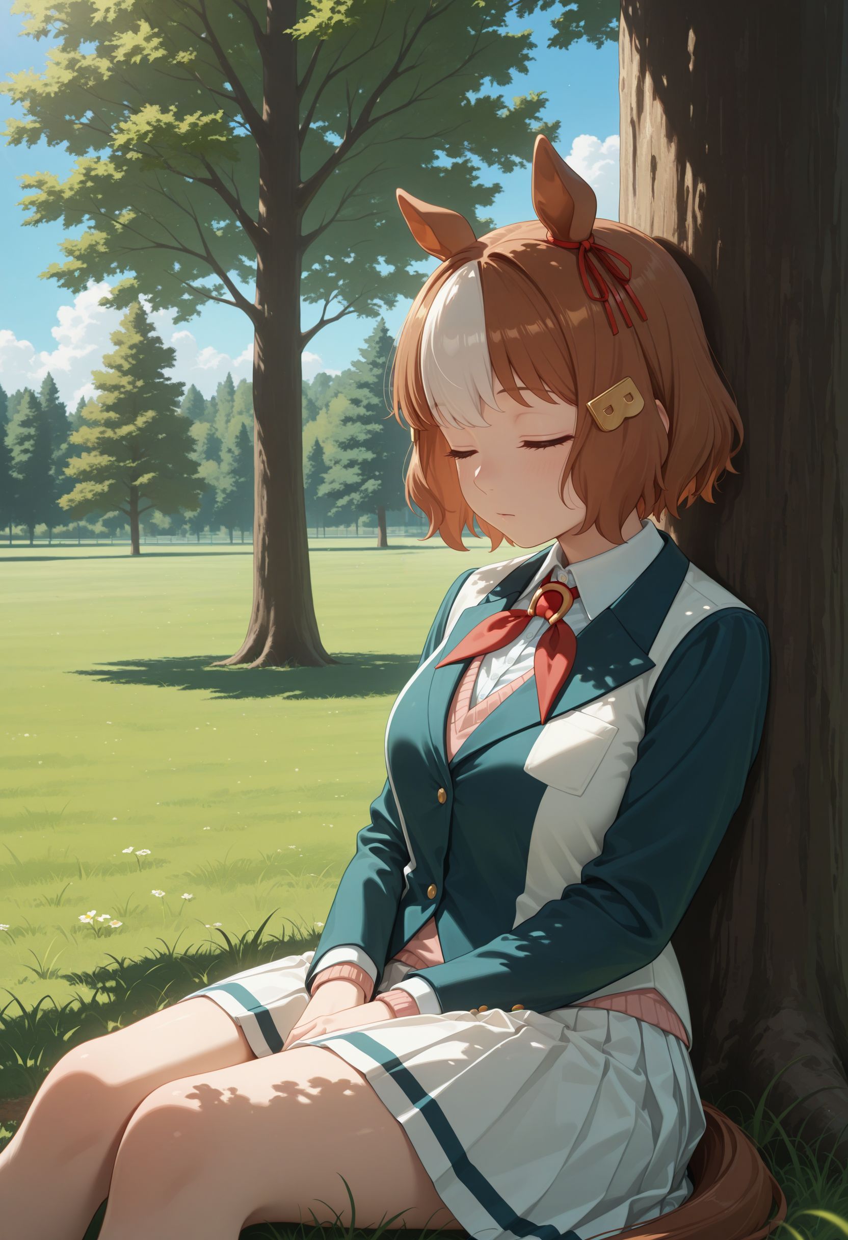 masterpiece, best quality, amazing quality, very awa,absurdres,newest,very aesthetic, 
outdoors, nature, grass, sunny, blue sky, shadow, tree, dappled sunlight, sitting, sleeping, closed eyes, against tree
 <lora:Berno illu:1> 1girl, brown hair, white hair, multicolored hair, short hair, animal ears, horse girl, horse tail brown eyes, hair ornament, white shirt, collared shirt, long sleeves, jacket, vest, white skirt, pleated skirt,