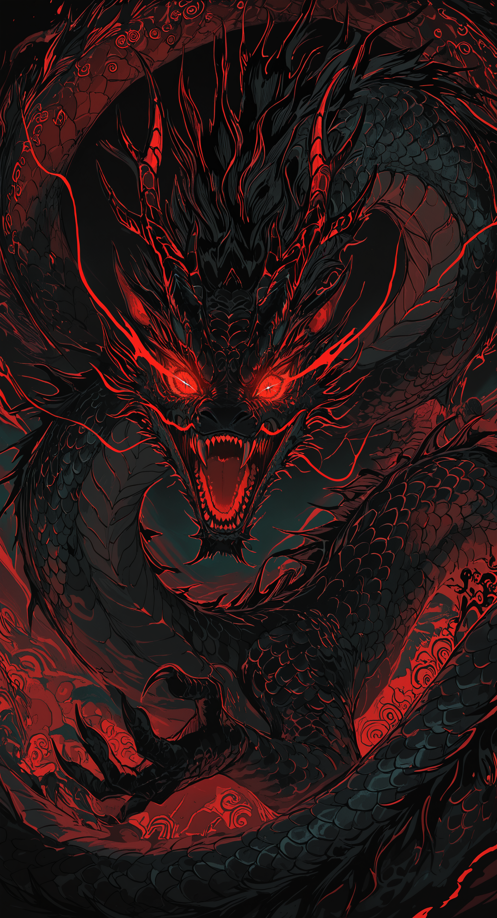 masterpiece, best quality, good quality, very awa, newest, highres, absurdres,solo, looking at viewer, open mouth, red eyes, horns, teeth, no humans, glowing, fangs, sharp teeth, glowing eyes, dragon horns, Chinese dragon, scales, multiple horns, eastern dragon, limited palette, sketch, glowing, psychedelic, <lora:illustriousXL_stabilizer_v1.23:0.3> <lora:NOOB_vp1_detailer_by_volnovik_v1:0.3> <lora:ponyv6_noobE11_2_adamW-000017:0.3> <lora:114558v4df2fsdf5:0.7> <lora:mon_monmon2133:0.6>