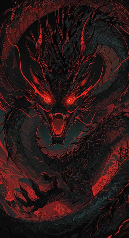 masterpiece, best quality, good quality, very awa, newest, highres, absurdres,solo, looking at viewer, open mouth, red eyes, horns, teeth, no humans, glowing, fangs, sharp teeth, glowing eyes, dragon horns, Chinese dragon, scales, multiple horns, eastern dragon, limited palette, sketch, glowing, psychedelic, <lora:illustriousXL_stabilizer_v1.23:0.3> <lora:NOOB_vp1_detailer_by_volnovik_v1:0.3> <lora:ponyv6_noobE11_2_adamW-000017:0.3> <lora:114558v4df2fsdf5:0.7> <lora:mon_monmon2133:0.6>