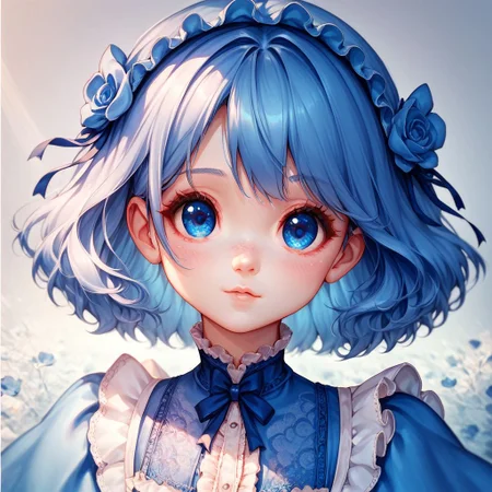 score_9, score_8_up, score_7_up,cute girl, blue eyes, blue dress, frills, lace,cutestyl3, close up, portrait