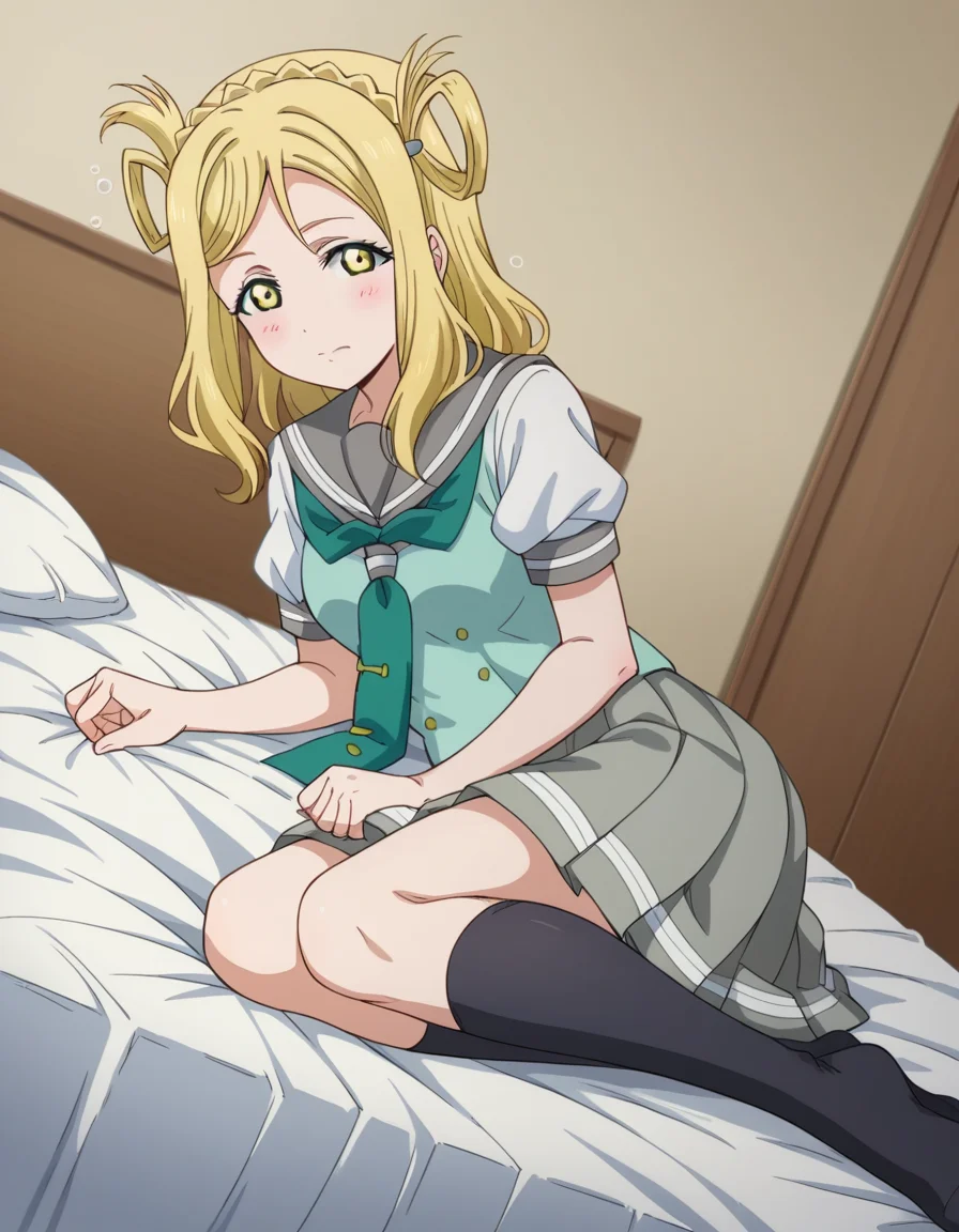 score_9, score_8_up, score_7_up, source_anime, <lora:mari-ohara-s2-ponyxl-lora-nochekaiser:1>, mari ohara, long hair, bangs, blonde hair, hair ornament, yellow eyes, braid, medium hair, hair rings, crown braid,, skirt, school uniform, short sleeves, pleated skirt, serafuku, socks, neckerchief, kneehighs, black socks, green neckerchief, grey skirt, uranohoshi school uniform,, indoors, bed, bed room, on side, blush, drunk, looking at viewer, solo,, cowboy shot, dutch angle