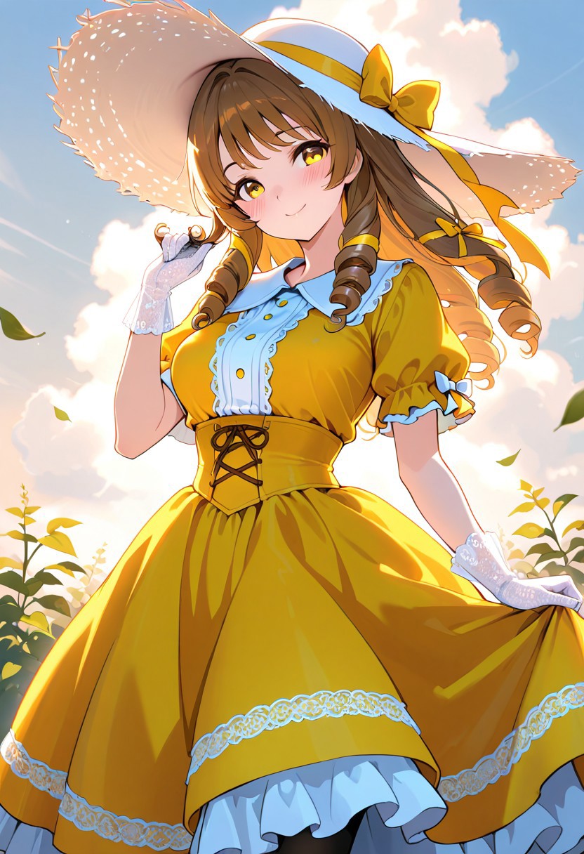 masterpiece, best quality, amazing quality, girl, brown hair, perfect eyes, portrait shot, long hair, ringlets hair, bangs, medium breasts, 8k, highest quality, ultra details,1girl, solo, 
Southern Belle, frilly lacy (yellow:1.4) hoop skirt dress, cinched waist, short sleeves, white hair bow, yellow hair ribbons, white wide brim straw hat, medium breasts, white silk gloves, blush, head tilt, cute smile, twirling, dress flowing in the wind, sunny day, summer season, quaint antebellum southern town, leaves in the wind, fluffy white clouds, outdoors, warm colors, warm lighting